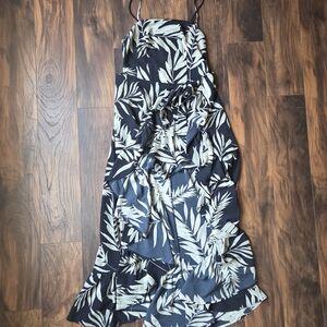 Show Me Your MuMu Navy Blue Maxi Romper with Green Leaf Print